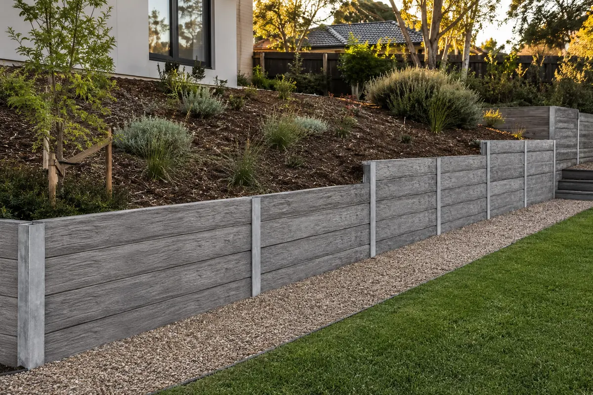 Concrete sleeper retaining wall in a Melbourne garden